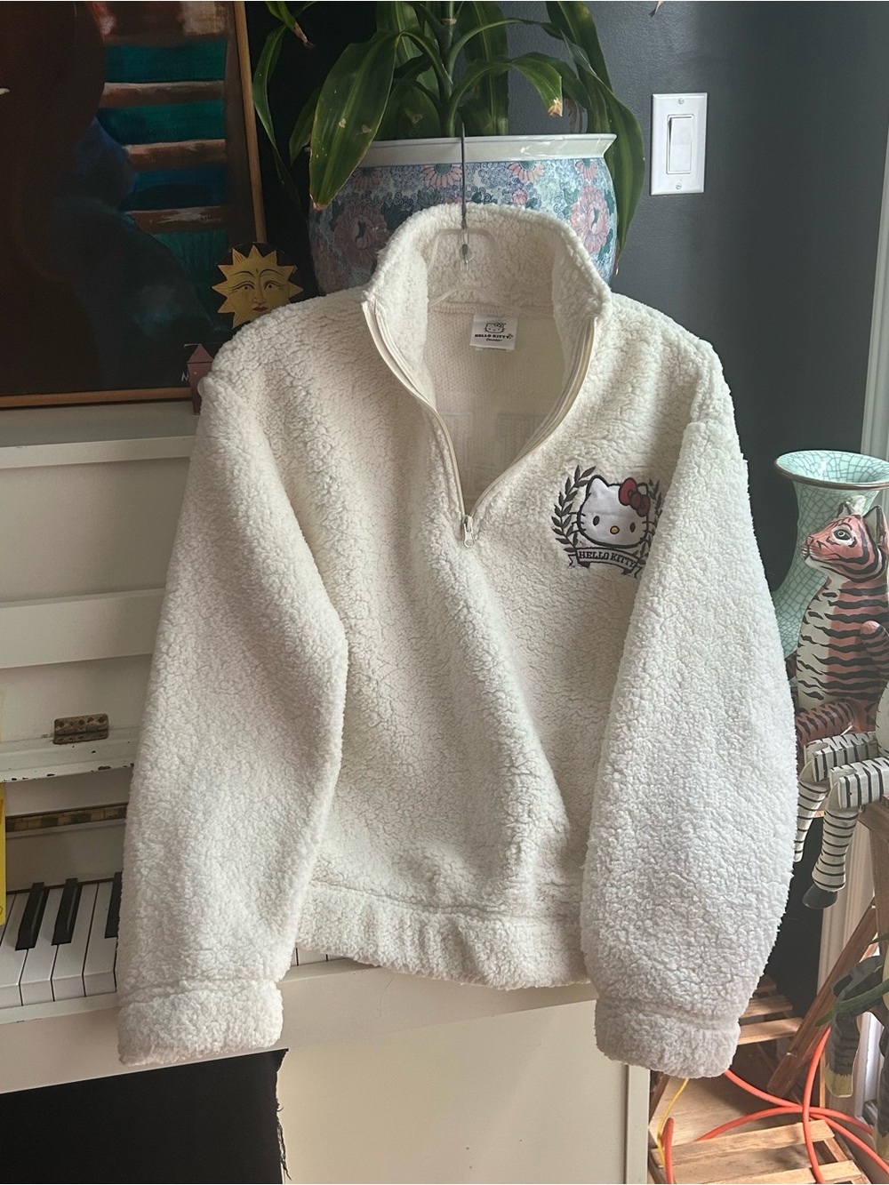 Hello Kitty Sanrio White Sherpa Quarter Zip Fleece Pullover Size Small